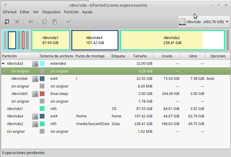 Linux Mint Gparted - particones Notebook Asus